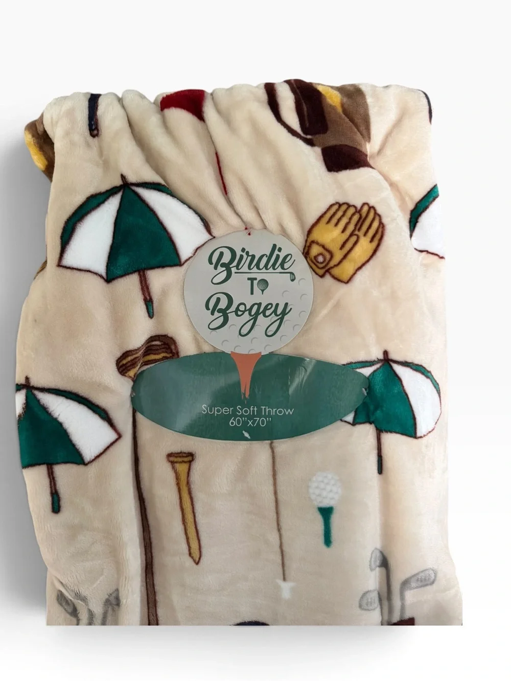 Birdie To Bogey Beige Throw Blanket with Golf and Golf Bag and Umbrella Motif